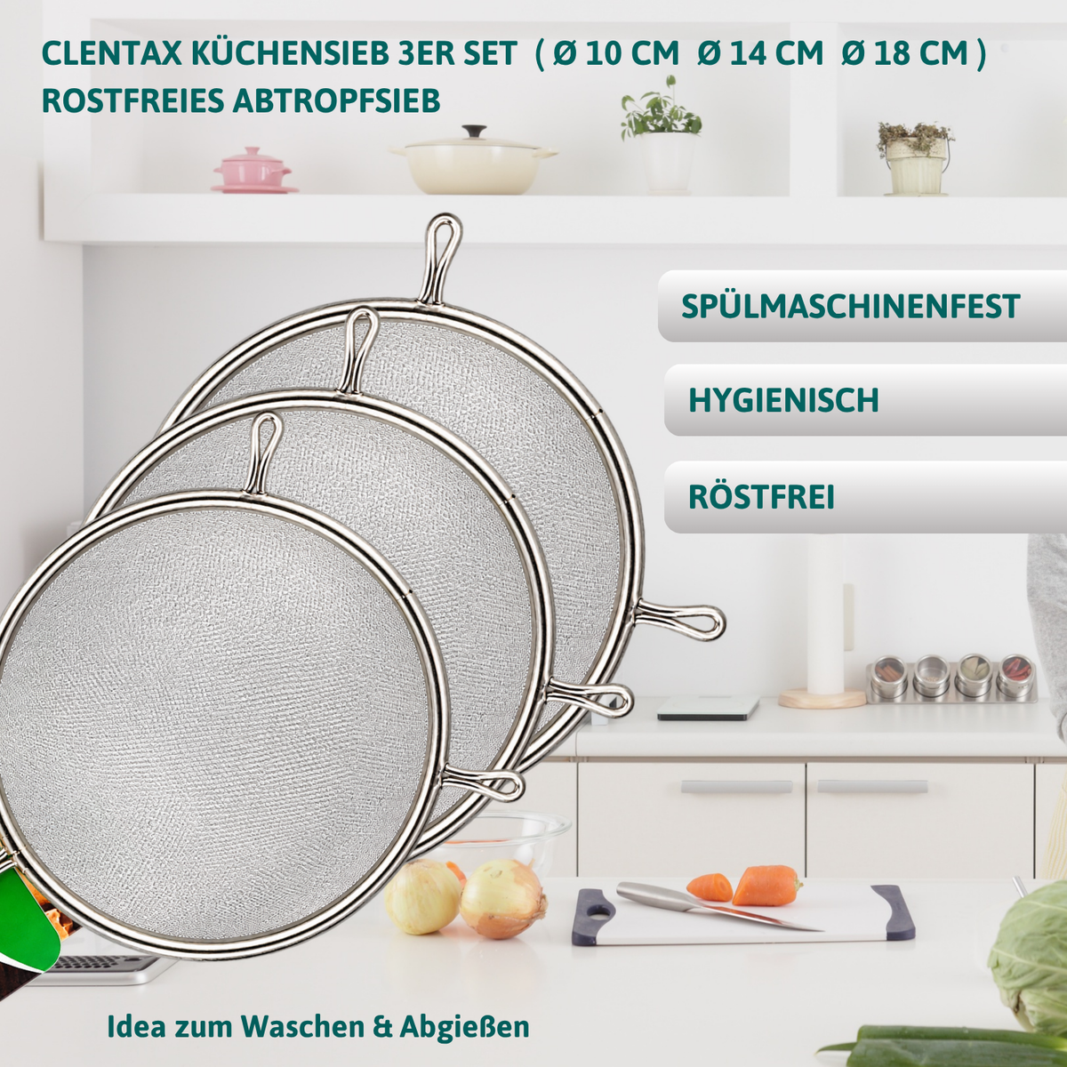 CLENTAX Küchensieb 3er Set ( Ø 10 cm Ø 14 cm Ø 18 cm ) rostfreies Abtropfsieb