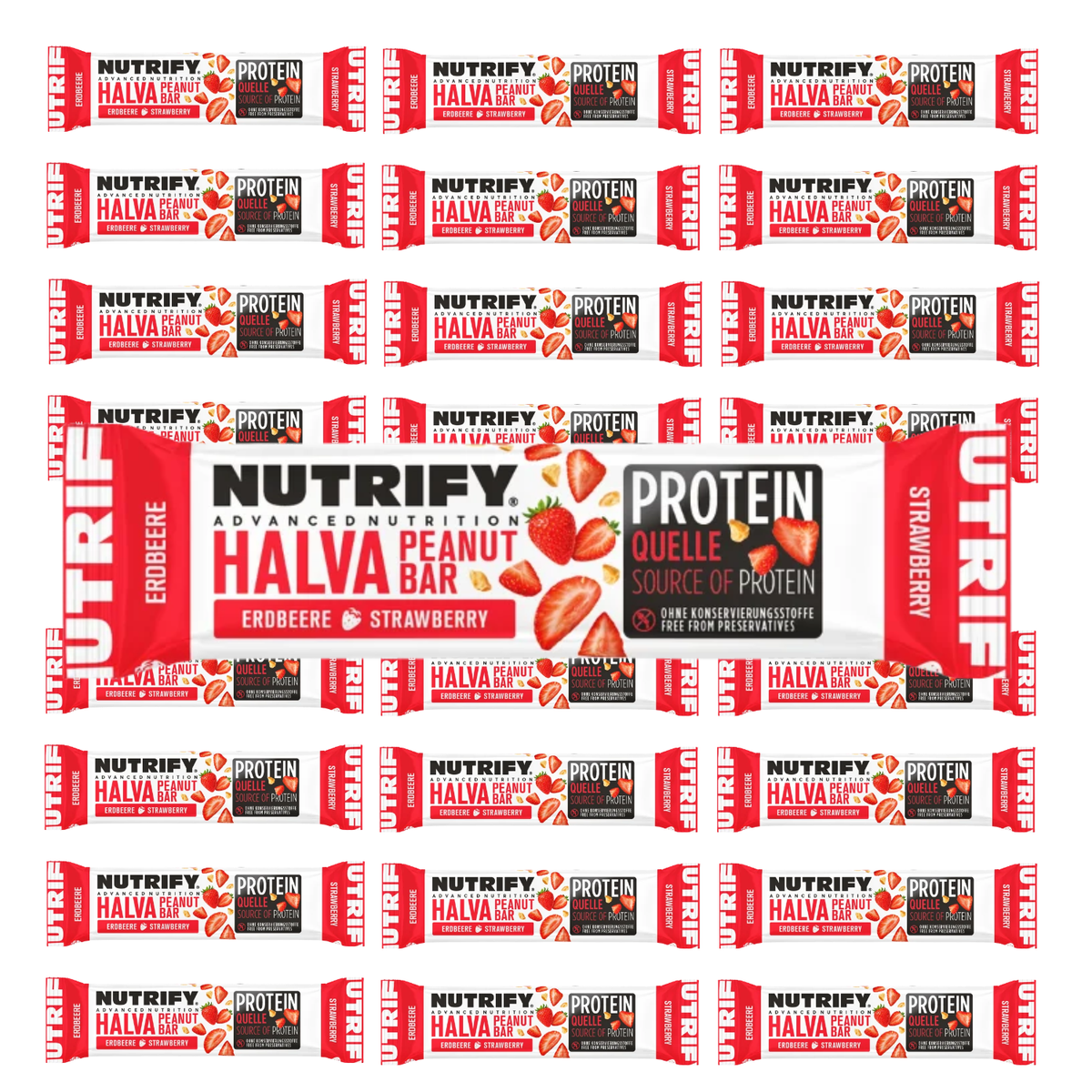 NUTRIFY Halva Riegel mit Erdbeere 24 x 60g Nuss Riegel für unterwegs