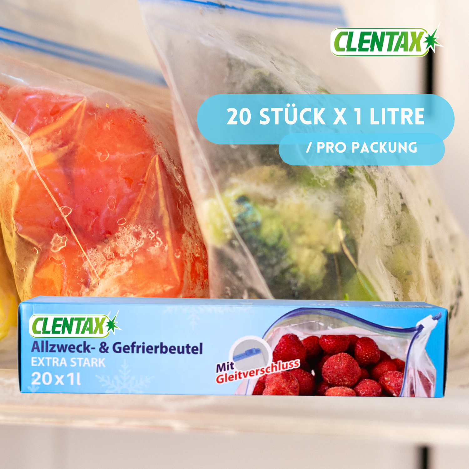 CLENTAX Gefrierbeutel 1L mit Gleitverschluss 30 x 20 St