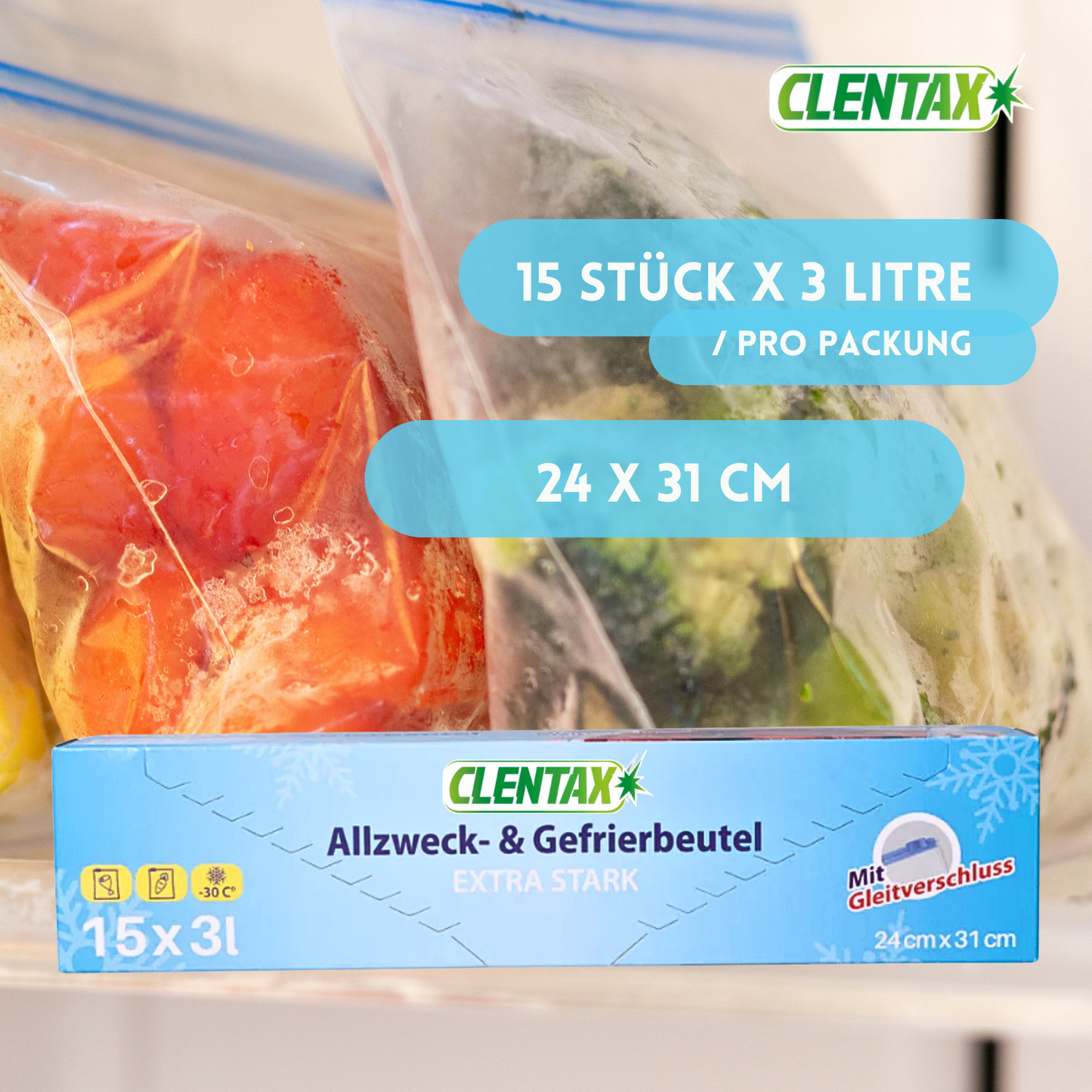 CLENTAX Gefrierbeutel 3L mit Gleitverschluss 30 x 15 Stk
