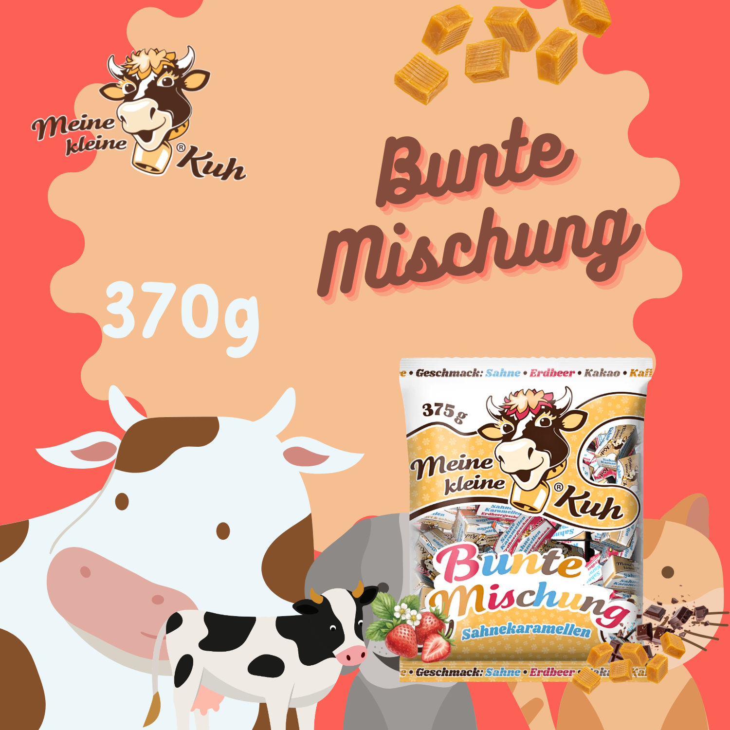 MEINE KLEINE KUH Bunte Mischung 25 x 375g Sahne Bonbon ( Sahne Erdbeer Kakao Kaffee )