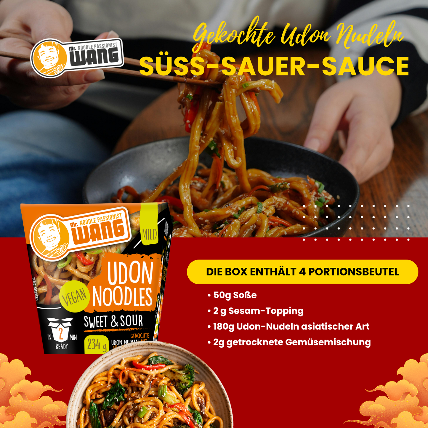 MR WANG Udon-Nudel-Bowl mit Süss Sauer Sauce 4 x 234g Box