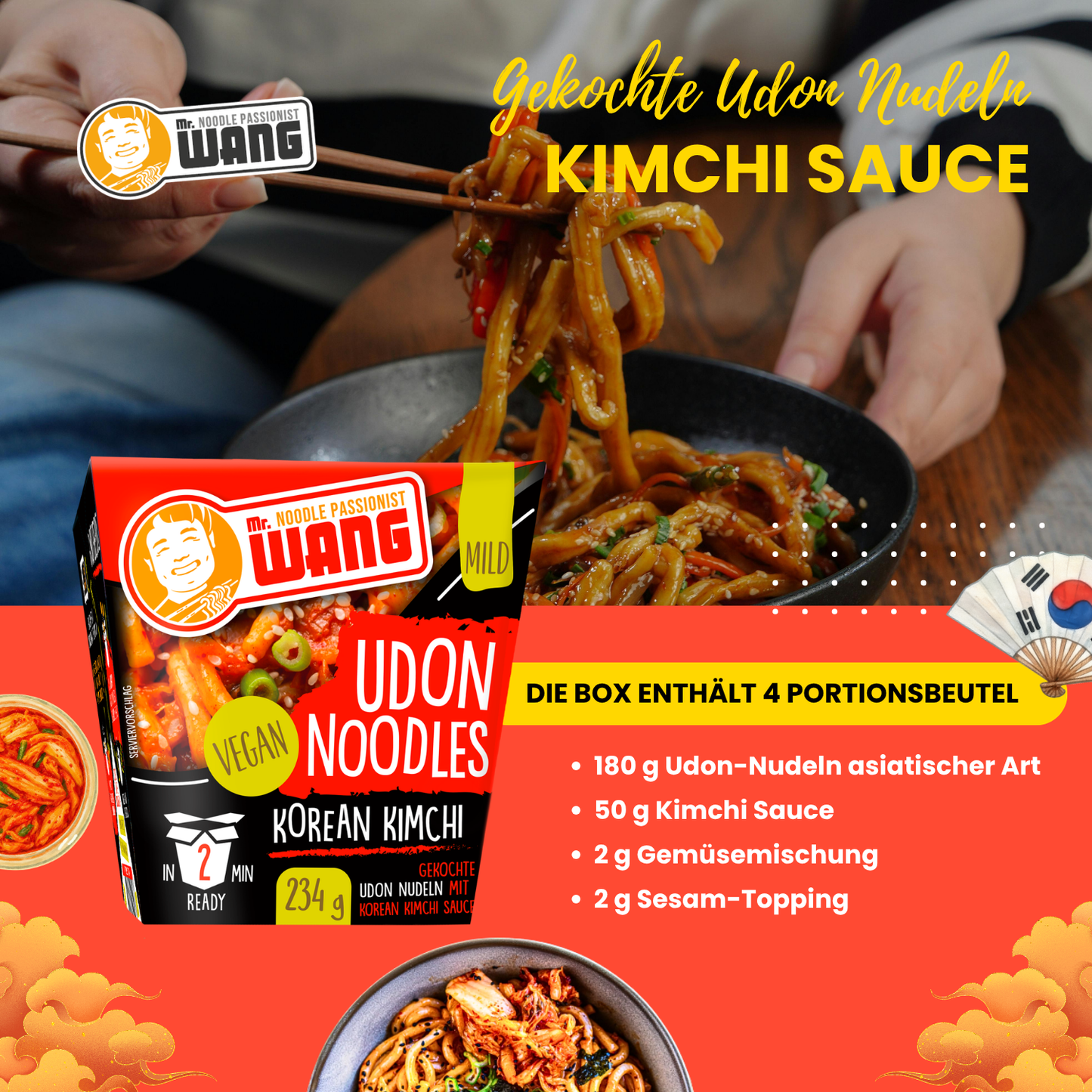 MR WANG Udon-Nudel-Bowl mit Korean Kimchi Sauce 4 x 234g Box