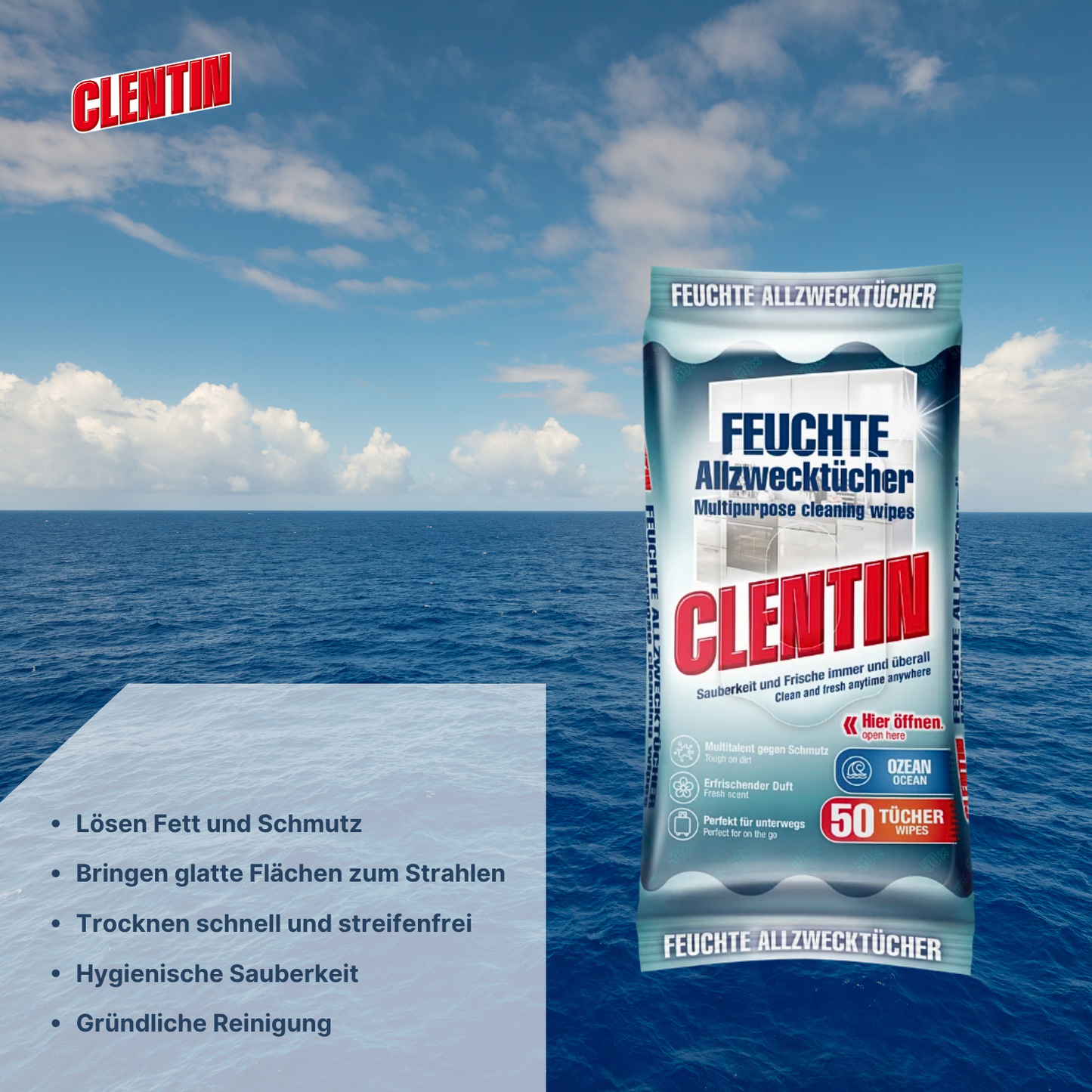 CLENTIN Feuchte Allzwecktücher, 5 x 50 St Ozean, Streifenfrei, Fettlösend