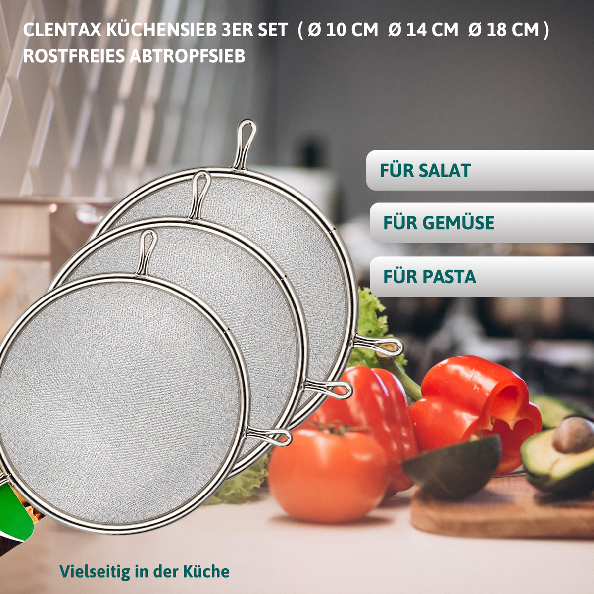 CLENTAX Küchensieb 3er Set ( Ø 10 cm Ø 14 cm Ø 18 cm ) rostfreies Abtropfsieb