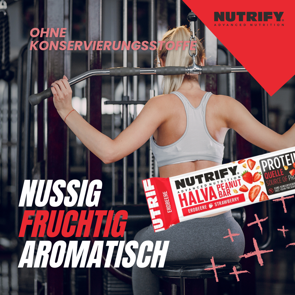 NUTRIFY Halva Riegel mit Erdbeere 8 x 60g Nuss Riegel für unterwegs