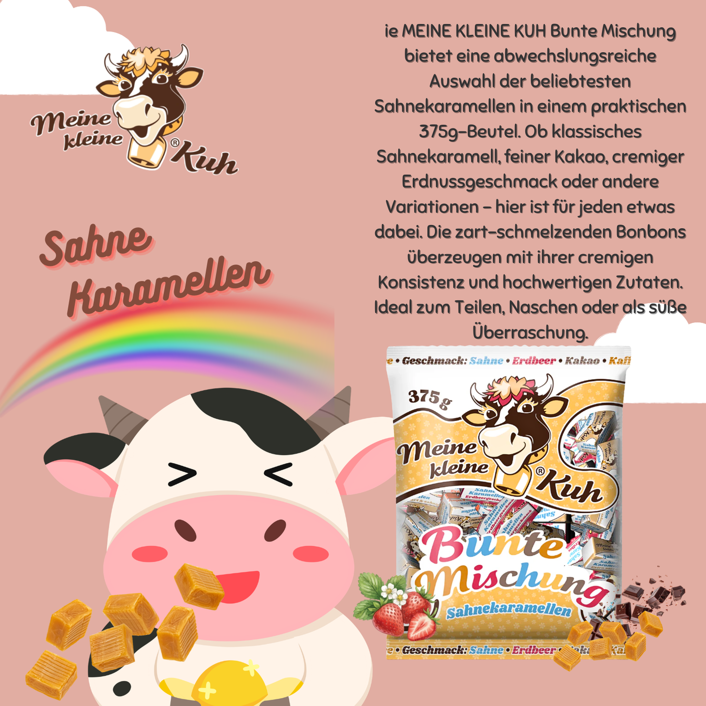 MEINE KLEINE KUH Bunte Mischung 25 x 375g Sahne Bonbon ( Sahne Erdbeer Kakao Kaffee )