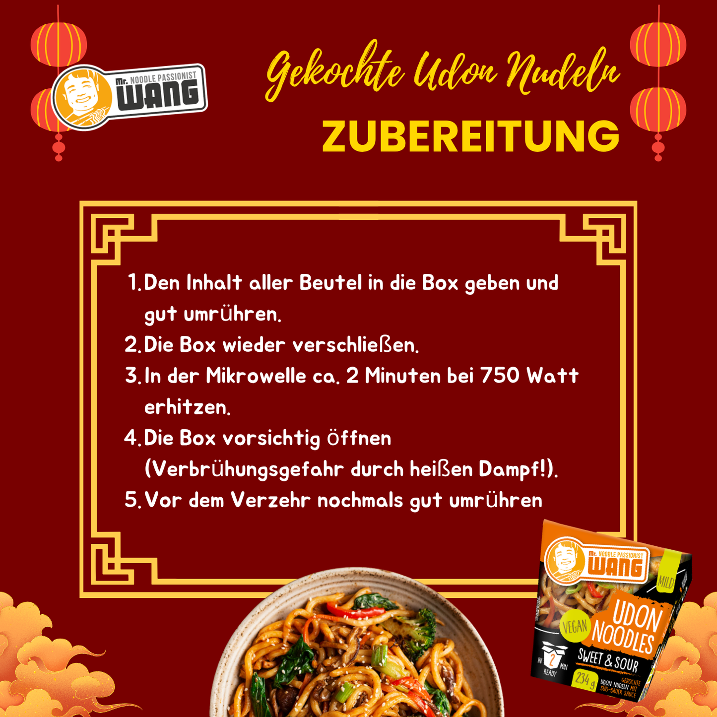 MR WANG Udon-Nudel-Bowl mit Süss Sauer Sauce 4 x 234g Box