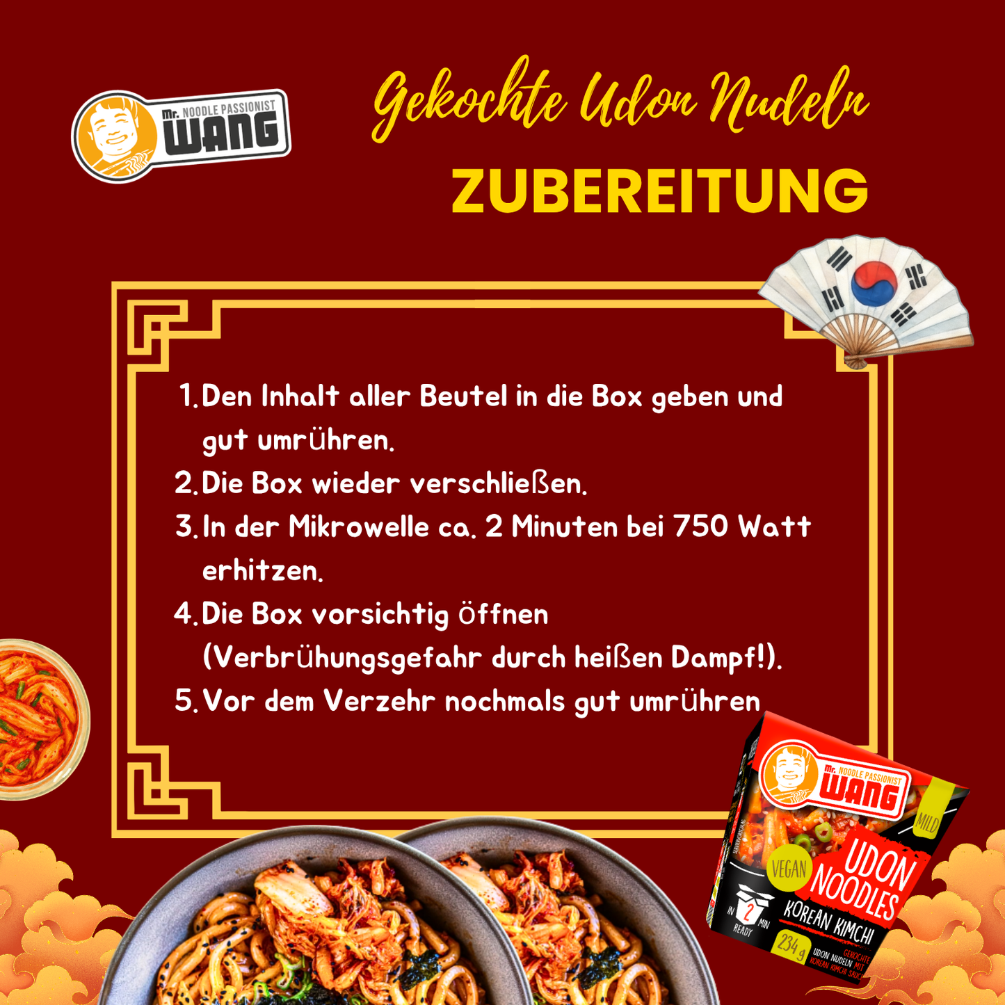 MR WANG Udon-Nudel-Bowl mit Korean Kimchi Sauce 4 x 234g Box