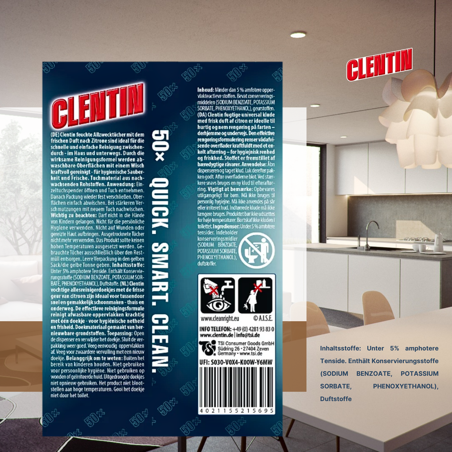 CLENTIN Feuchte Allzwecktücher, 20 x 50 St Zitrone, Streifenfrei, Fettlösend