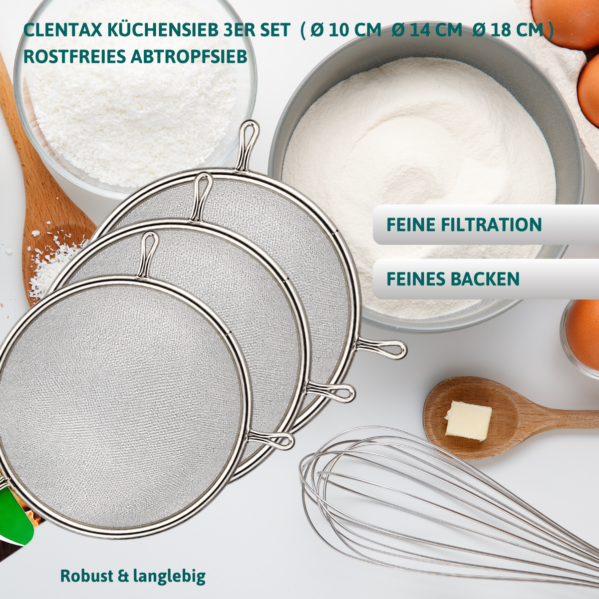 CLENTAX Küchensieb 3er Set ( Ø 10 cm Ø 14 cm Ø 18 cm ) rostfreies Abtropfsieb