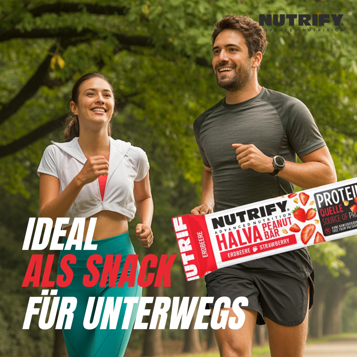 NUTRIFY Halva Riegel mit Erdbeere 8 x 60g Nuss Riegel für unterwegs