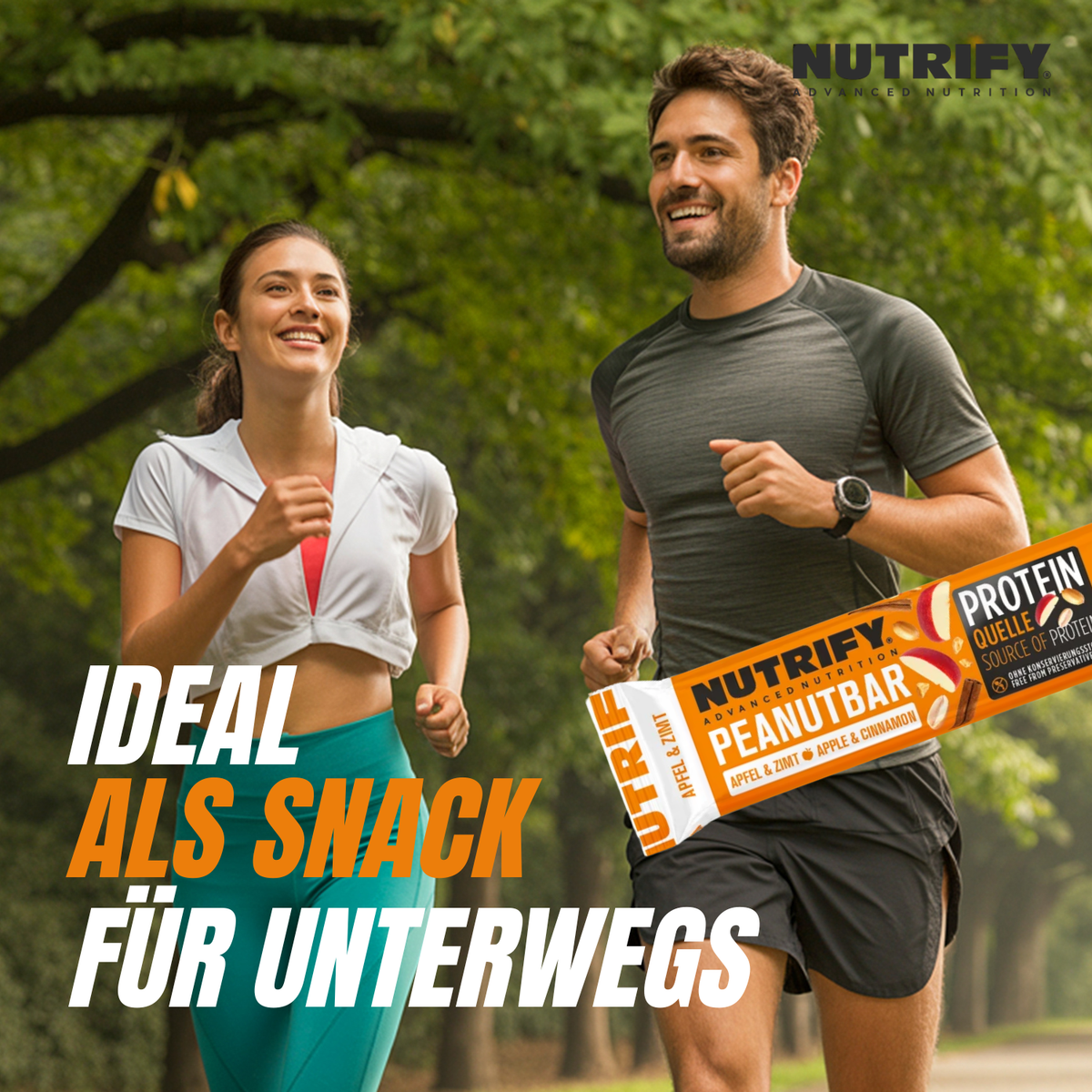 NUTRIFY Erdnuss-Riegel mit Apfel-Zimt 8 x 60g Nuss Riegel für unterwegs