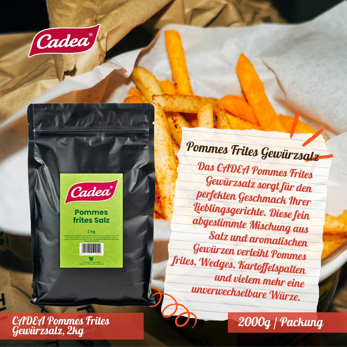 CADEA Pommes-frites-Gewürzsalz 2 x 2 kg Beutel für Pommes, Wedges, Süßkartoffeln