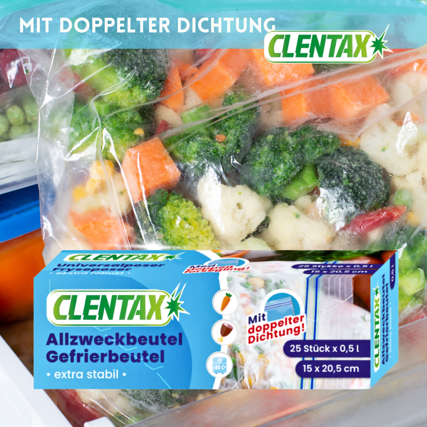 CLENTAX Gefrierbeutel 0,5L mit doppelter Dichtung 25 Stk