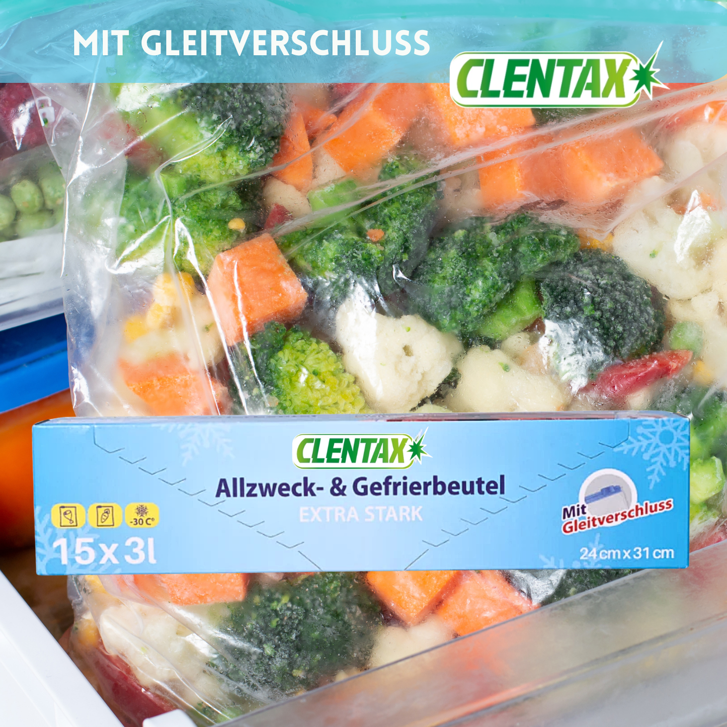 CLENTAX Gefrierbeutel 3L mit Gleitverschluss 30 x 15 Stk
