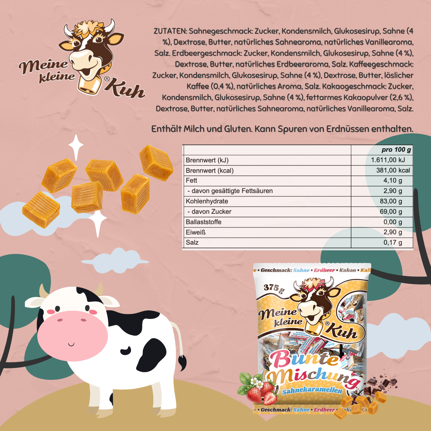 MEINE KLEINE KUH Bunte Mischung 25 x 375g Sahne Bonbon ( Sahne Erdbeer Kakao Kaffee )