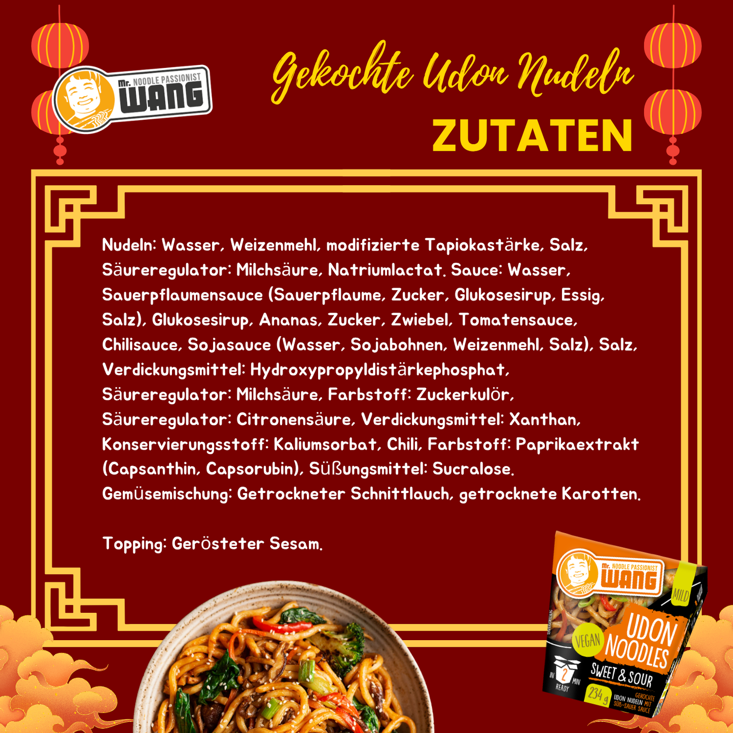 MR WANG Udon-Nudel-Bowl mit Süss Sauer Sauce 4 x 234g Box