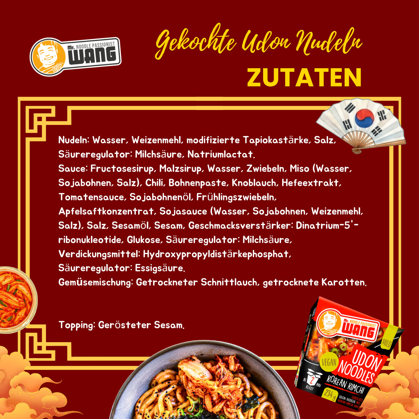 MR WANG Udon-Nudel-Bowl mit Korean Kimchi Sauce 4 x 234g Box
