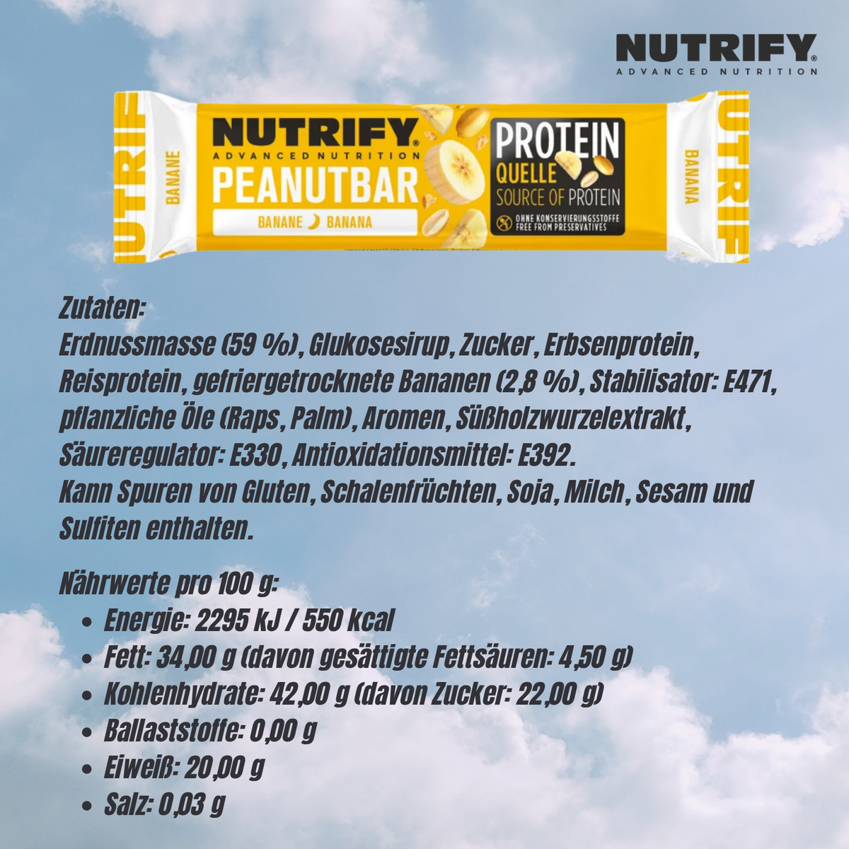 NUTRIFY Erdnuss Riegel mit Banane 8 x 60g Nuss Riegel für unterwegs