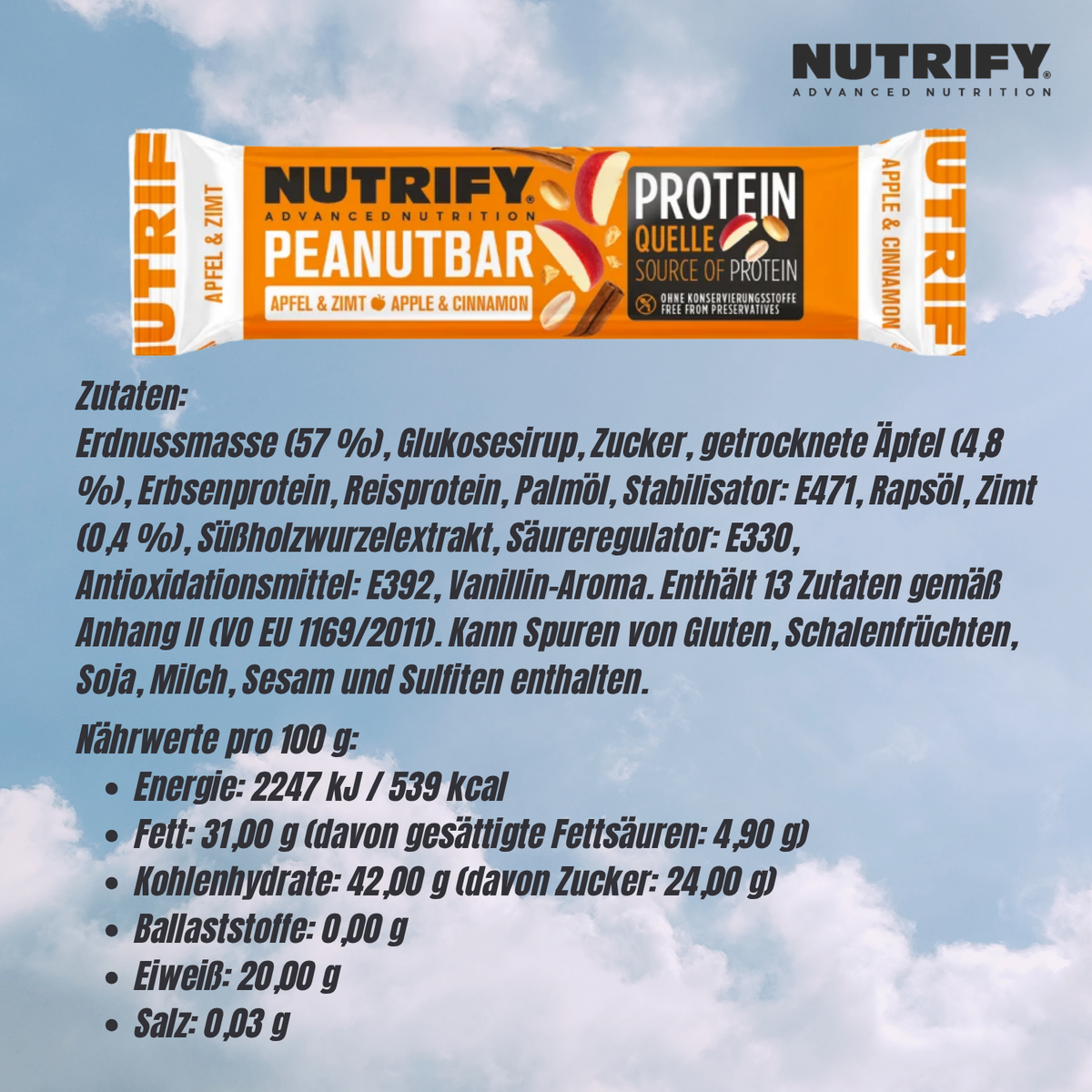 NUTRIFY Erdnuss-Riegel mit Apfel-Zimt 8 x 60g Nuss Riegel für unterwegs