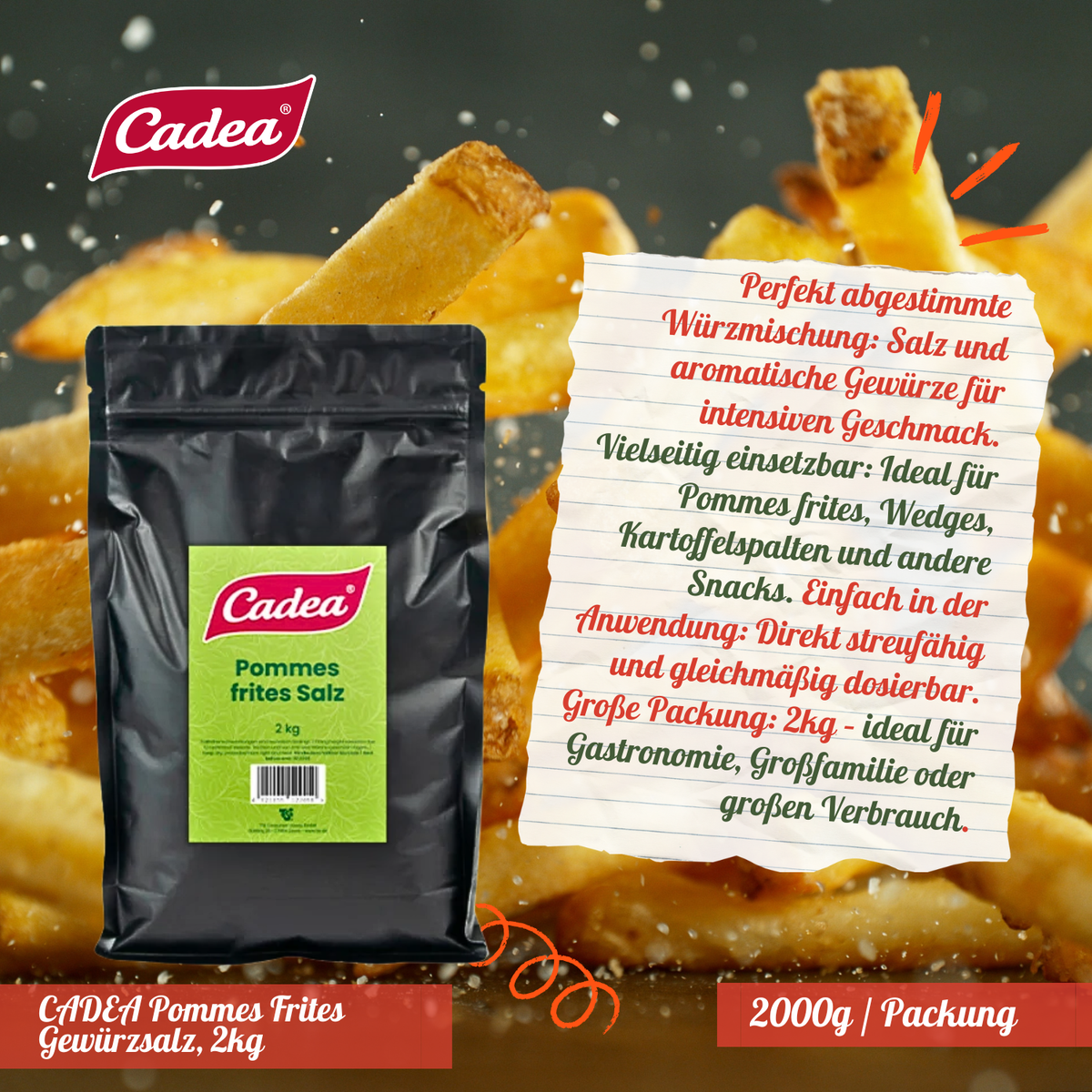 CADEA Pommes-frites-Gewürzsalz 2 x 2 kg Beutel für Pommes, Wedges, Süßkartoffeln