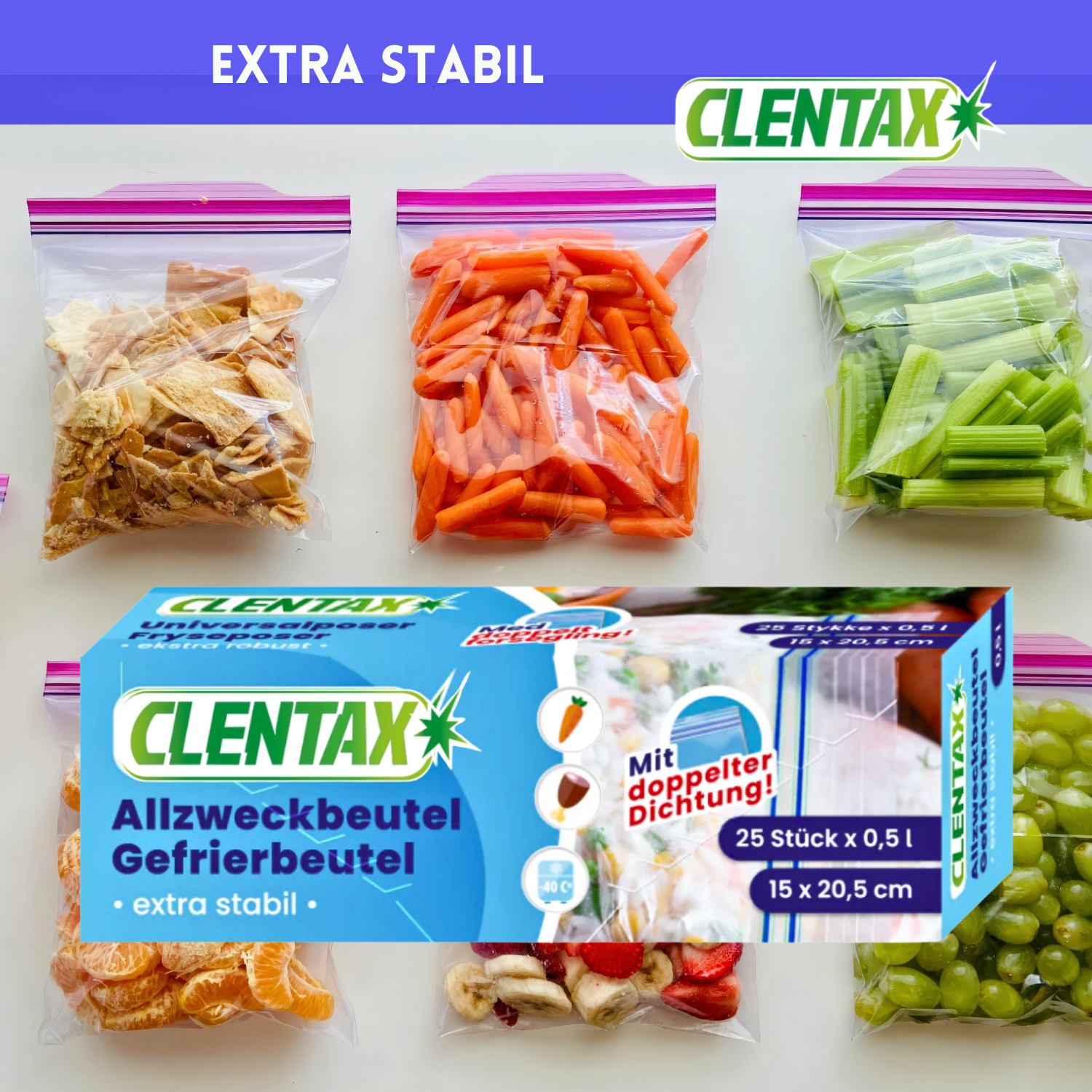 CLENTAX Gefrierbeutel 0,5L mit doppelter Dichtung 25 Stk