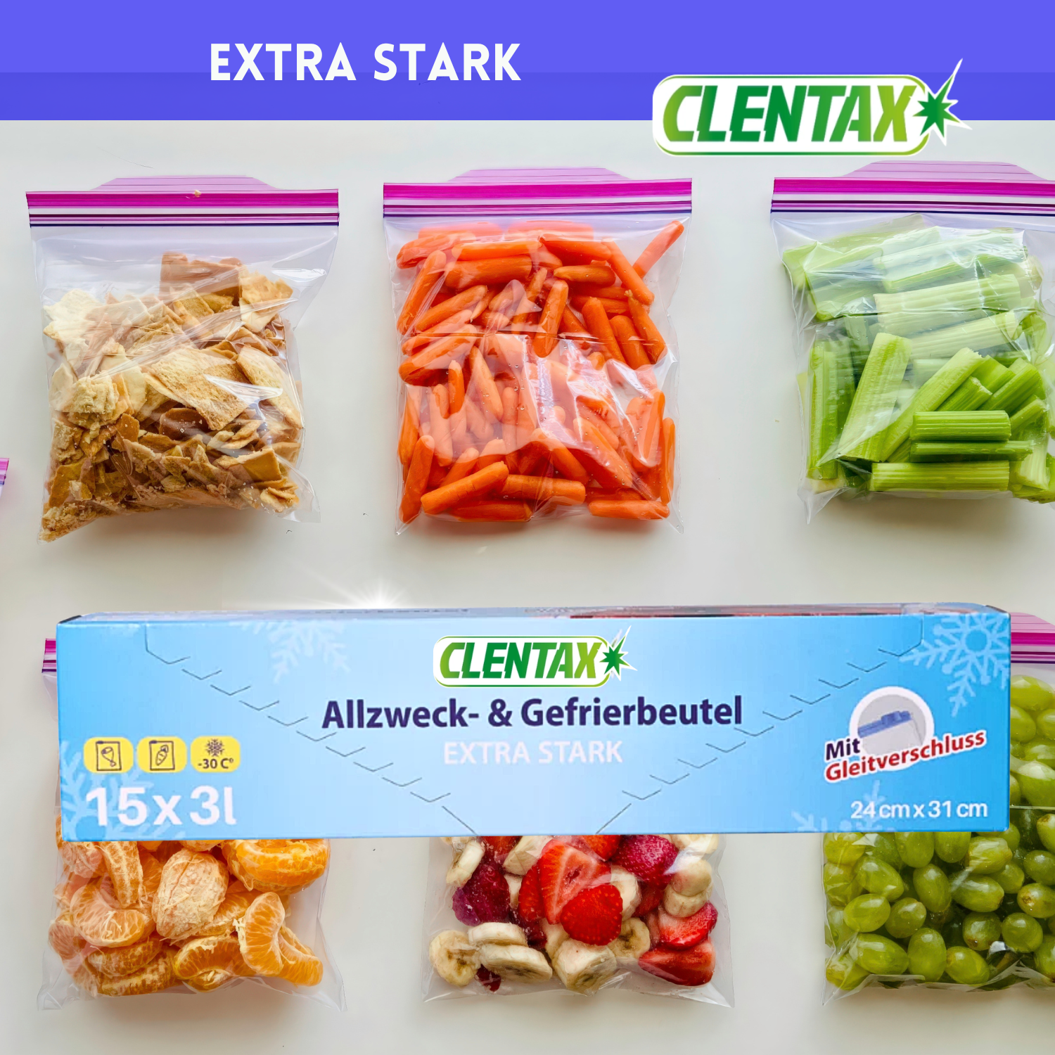 CLENTAX Gefrierbeutel 3L mit Gleitverschluss 30 x 15 Stk