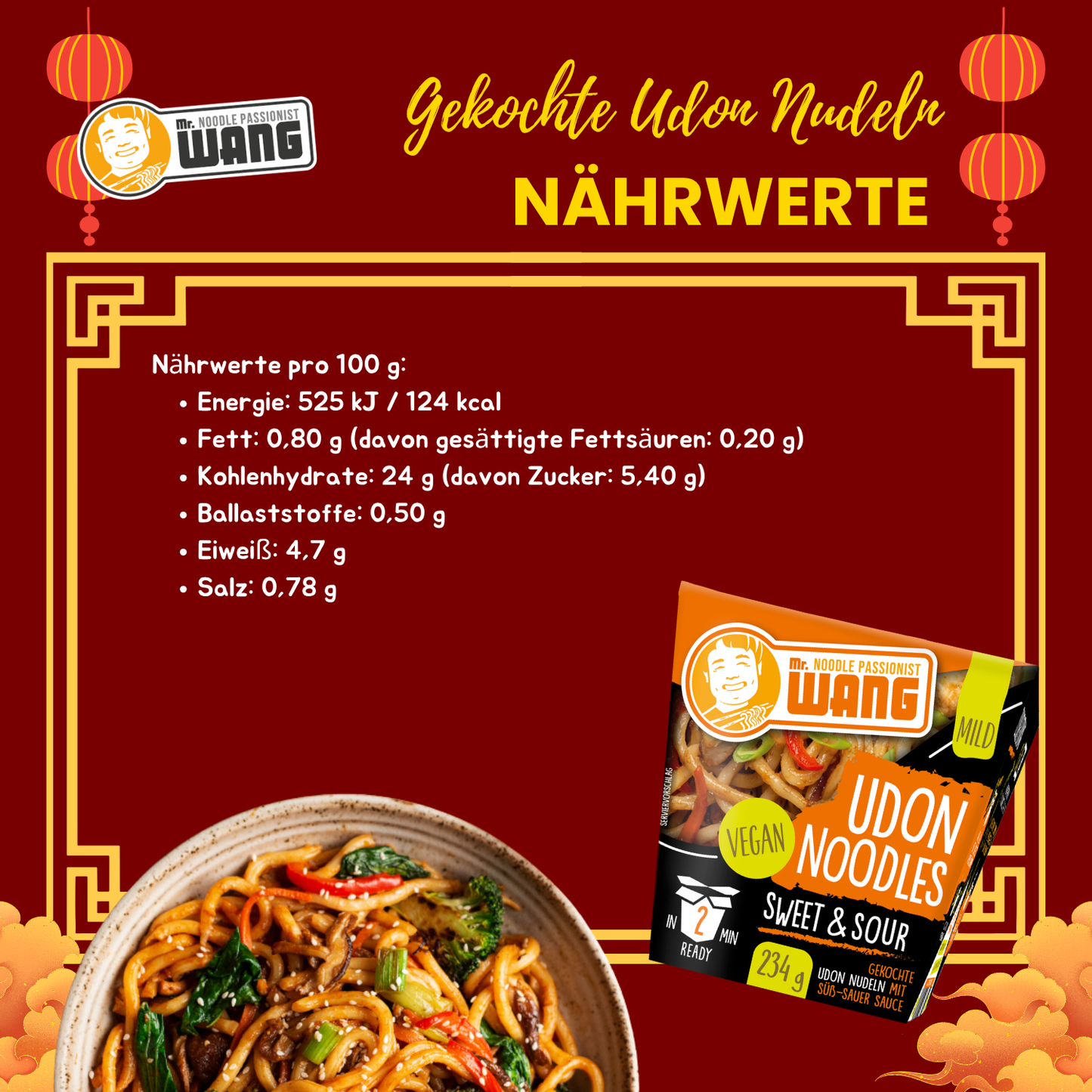 MR WANG Udon-Nudel-Bowl mit Süss Sauer Sauce 4 x 234g Box