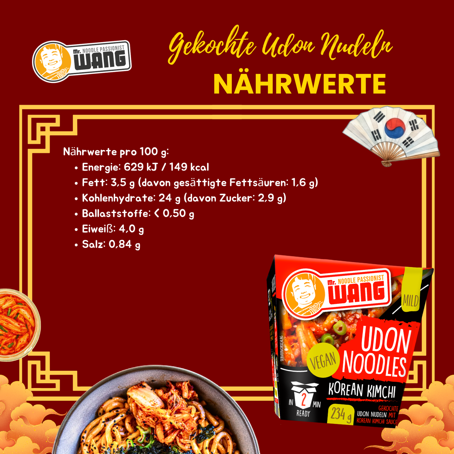 MR WANG Udon-Nudel-Bowl mit Korean Kimchi Sauce 4 x 234g Box