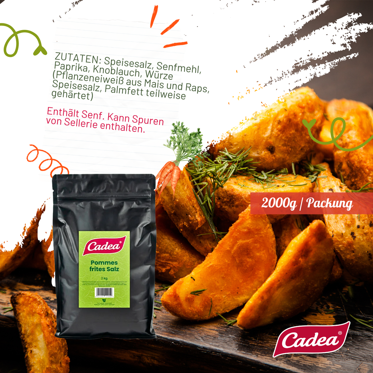 CADEA Pommes-frites-Gewürzsalz 2 x 2 kg Beutel für Pommes, Wedges, Süßkartoffeln