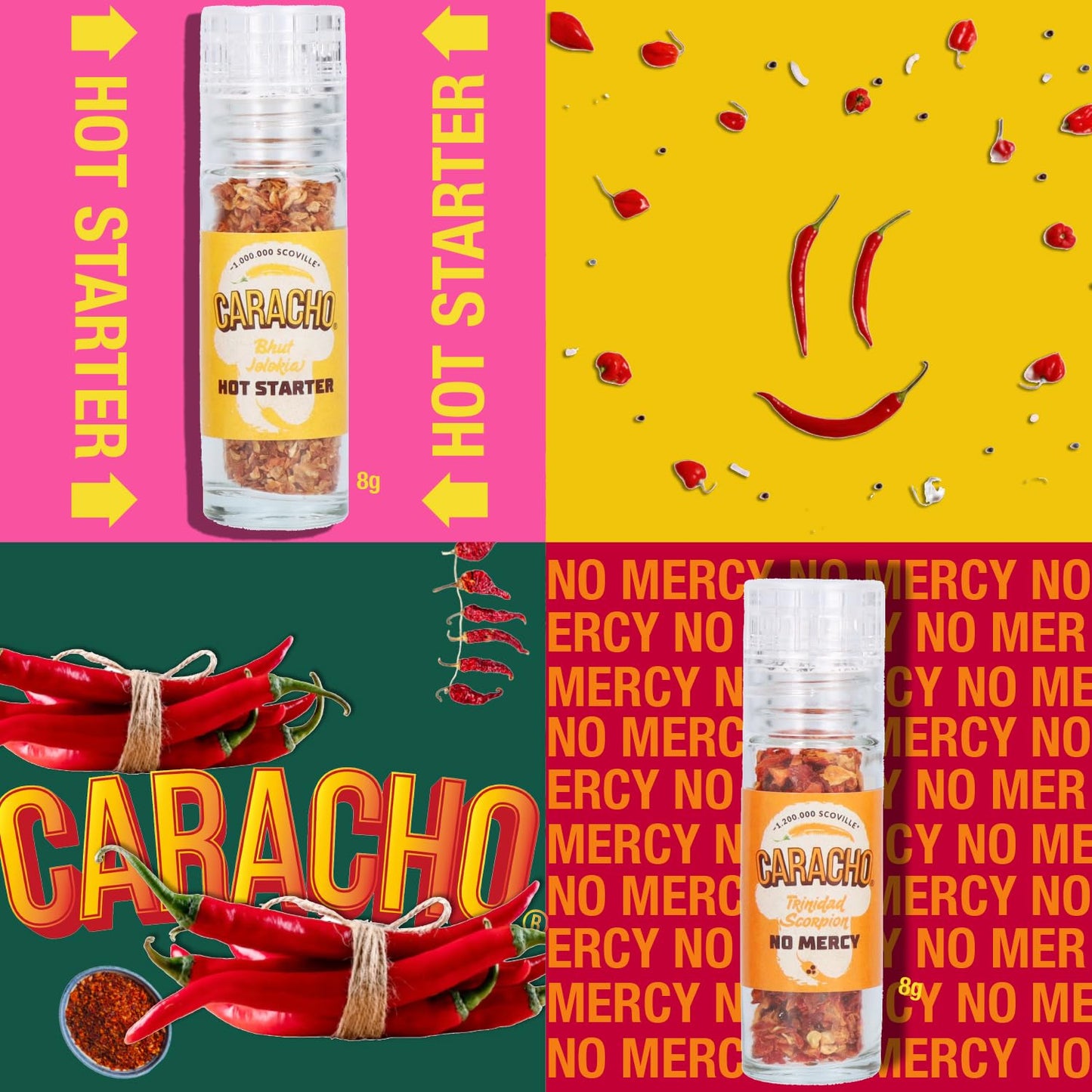 CARACHO Chili Mühlen Super Hot Set, 4 Mini Mühlen im Geschenkset