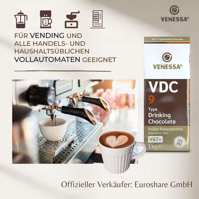 VENESSA VDC9 Kakaopulver 1kg - Trinkschokolade mit 9% Premium Kakao und Milchanteil