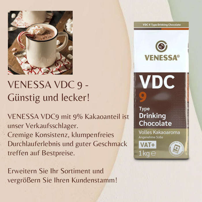 VENESSA VDC9 Kakaopulver 1kg - Trinkschokolade mit 9% Premium Kakao und Milchanteil