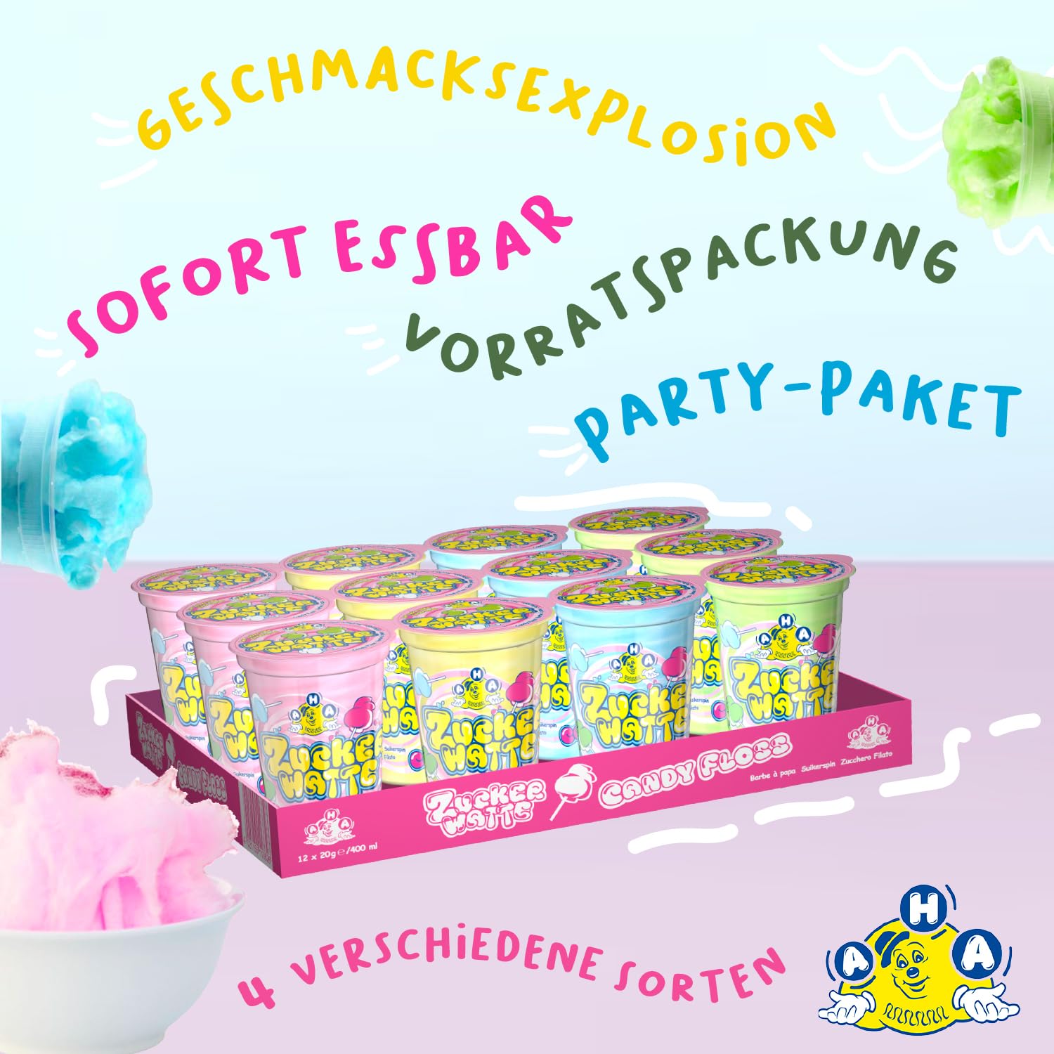 AHA Zuckerwatte 4fach sortiert 12x20g Becher