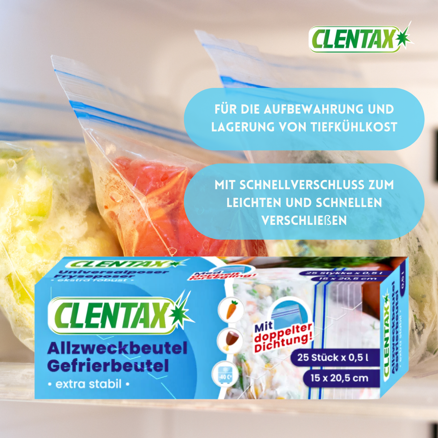CLENTAX Gefrierbeutel 0,5L mit doppelter Dichtung 25 Stk