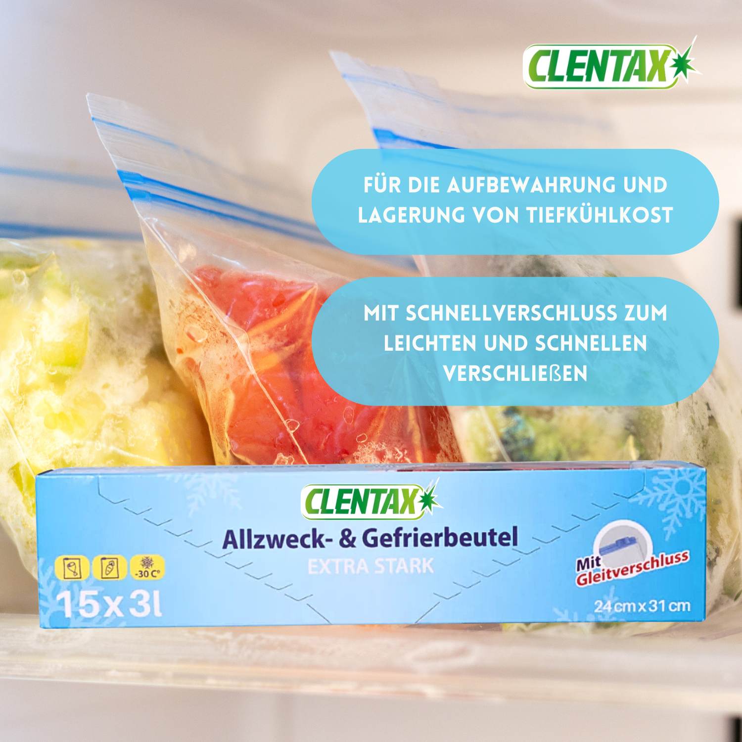 CLENTAX Gefrierbeutel 3L mit Gleitverschluss 30 x 15 Stk