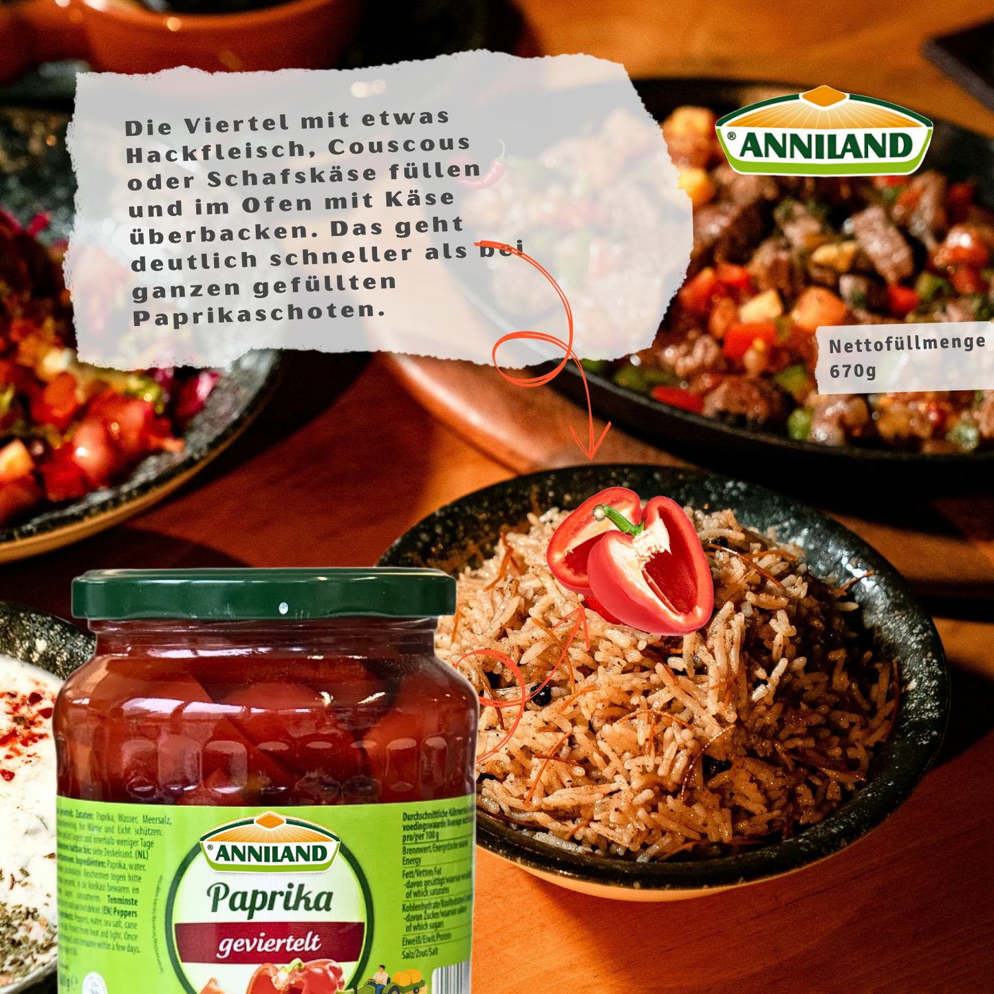 ANNILAND Geviertelte Paprika 12 x 680g