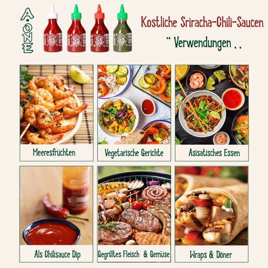 A-One Sriracha Sauce 4 x 200ml - 4 Geschmacksrichtungen - Klassik Scharf, Super Hot, Knoblauch, Grün