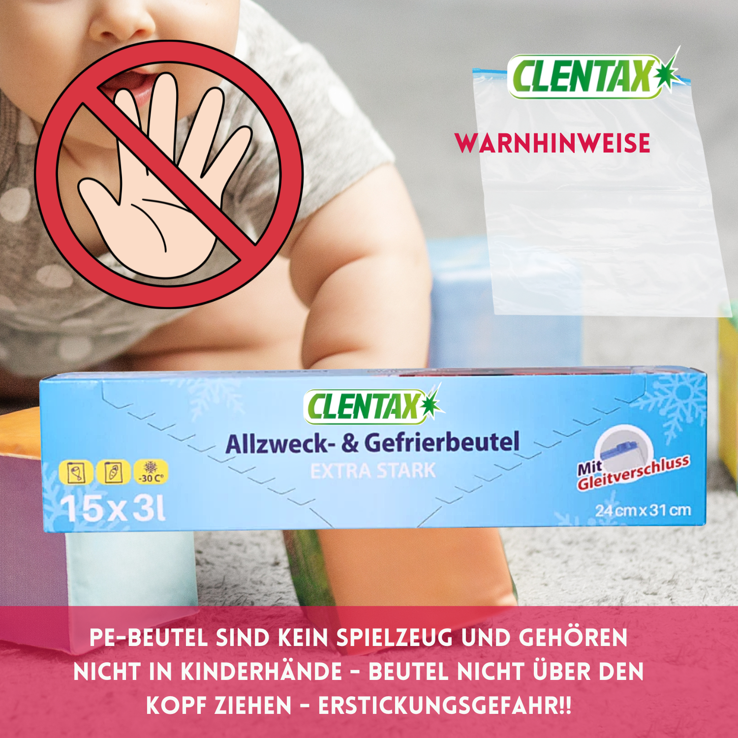 CLENTAX Gefrierbeutel 3L mit Gleitverschluss 30 x 15 Stk