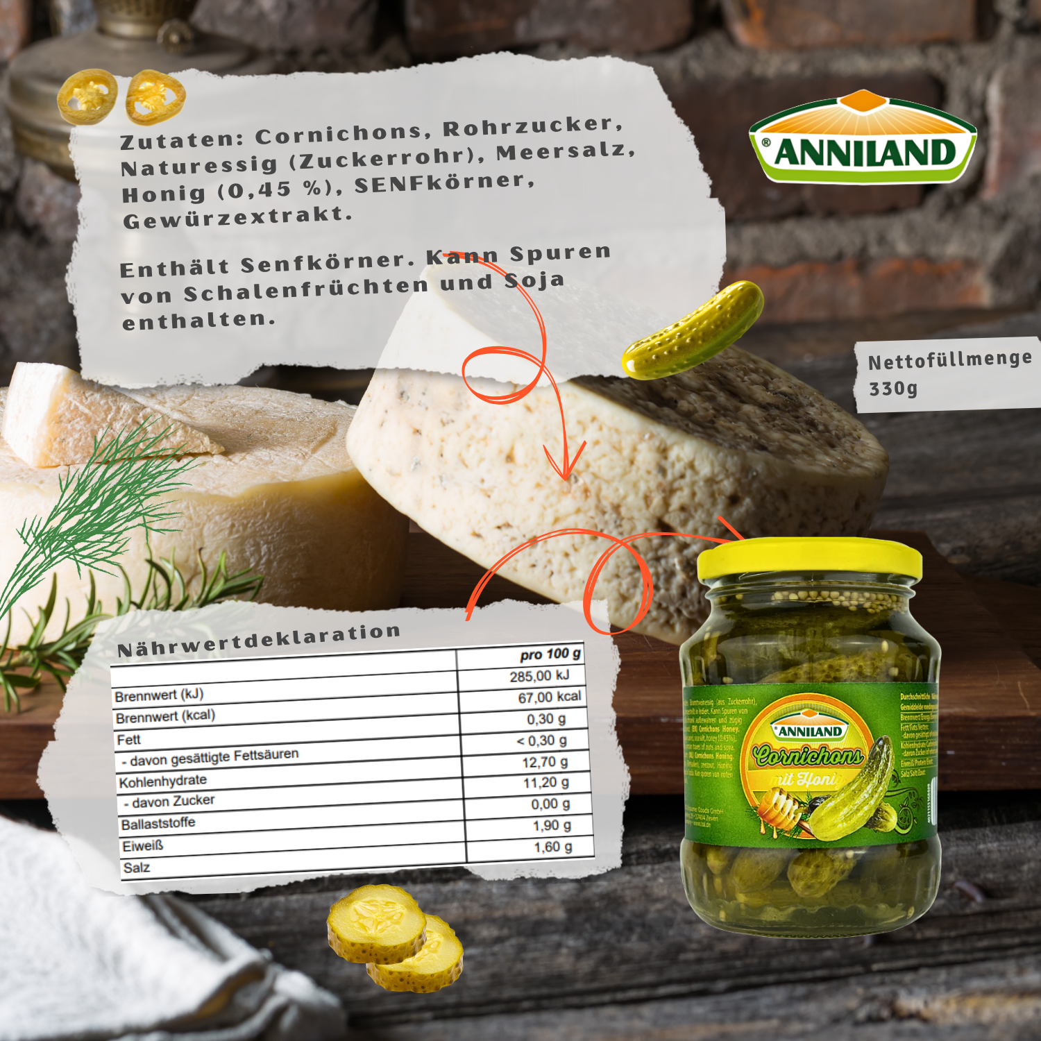 ANNILAND Cornichons mit Honig 12 x 330g