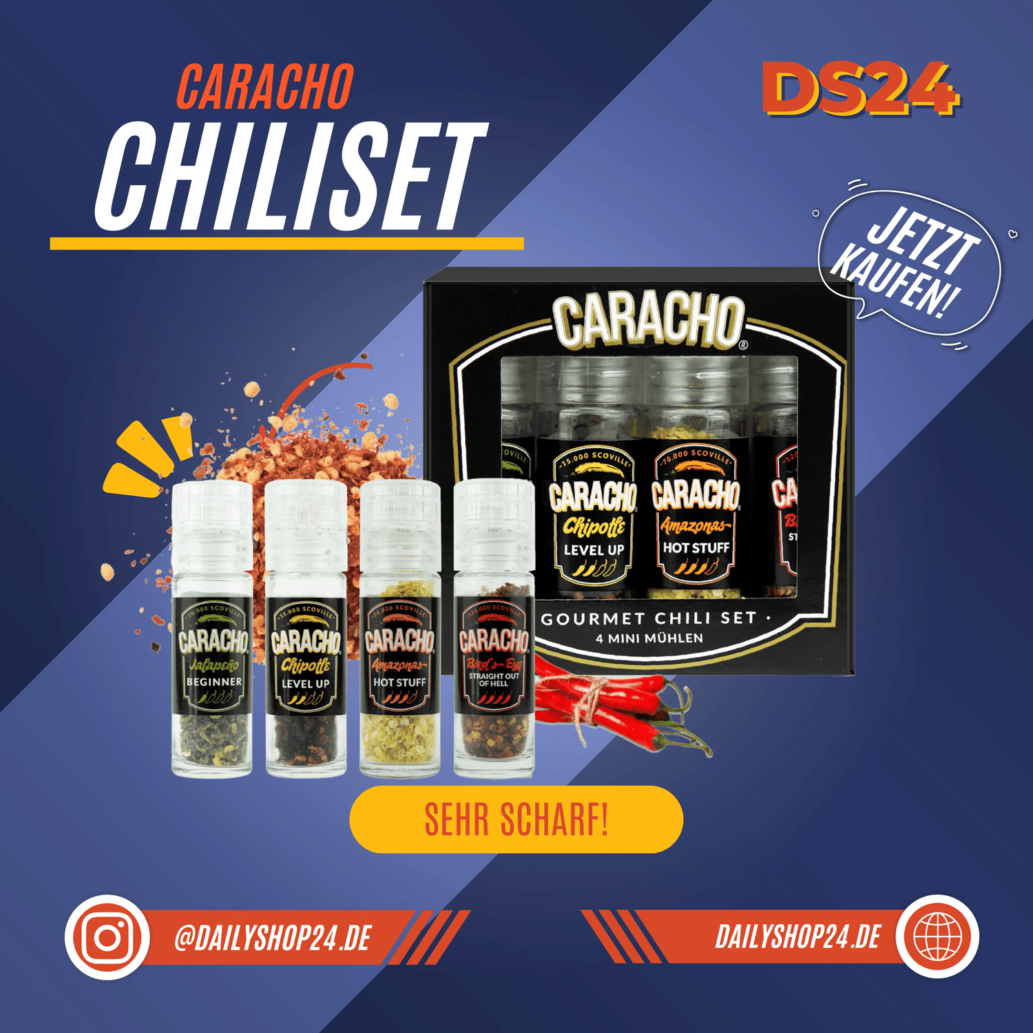 Dailyshop24 Produktbild für CARACO Minimühlen das Verpackung die Mühlen selbst und eine Chilischote und den Inhalt der Chili minimühlen zeigt 