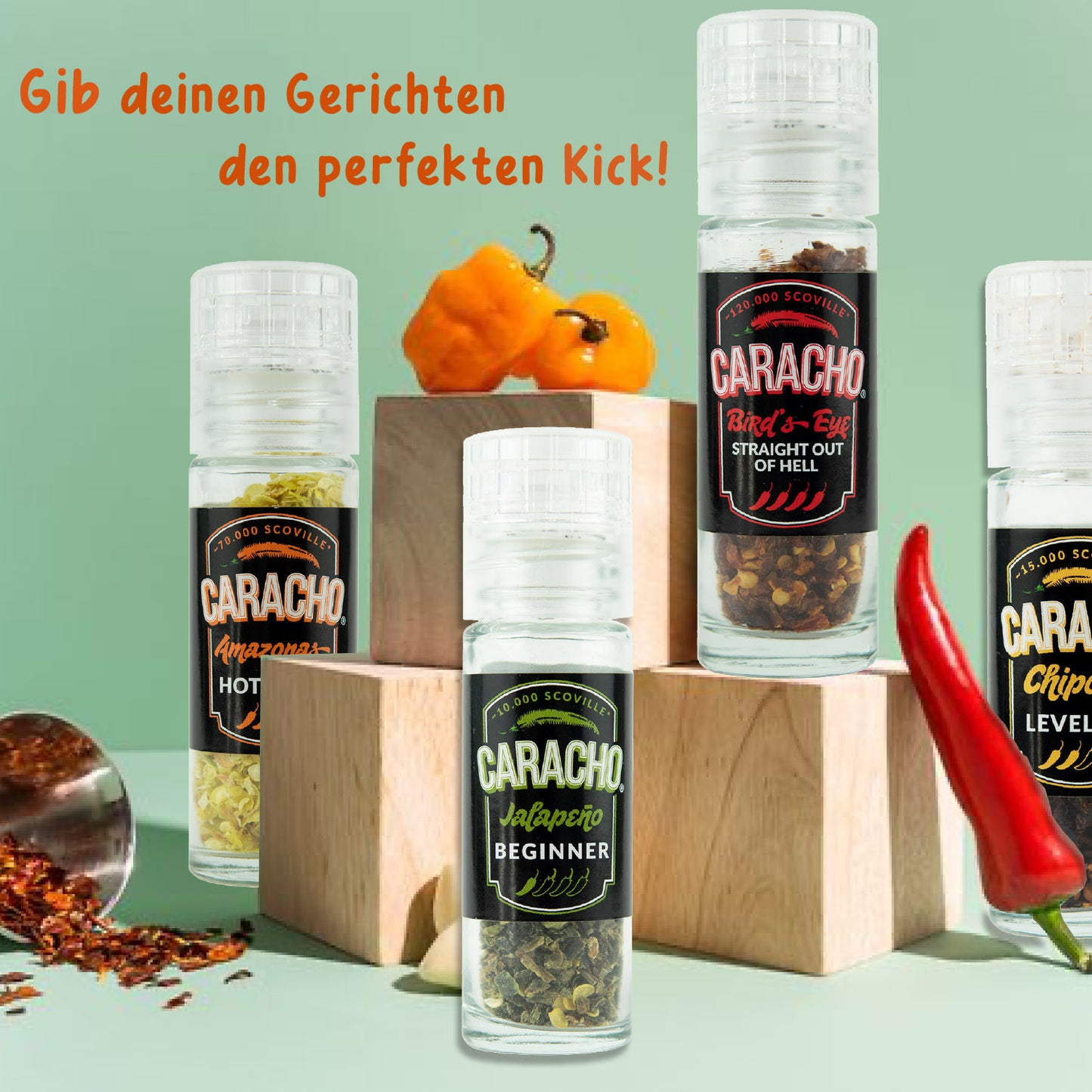 CARACHO Chili Mühlen Set, 4 Mini Mühlen im Geschenkset