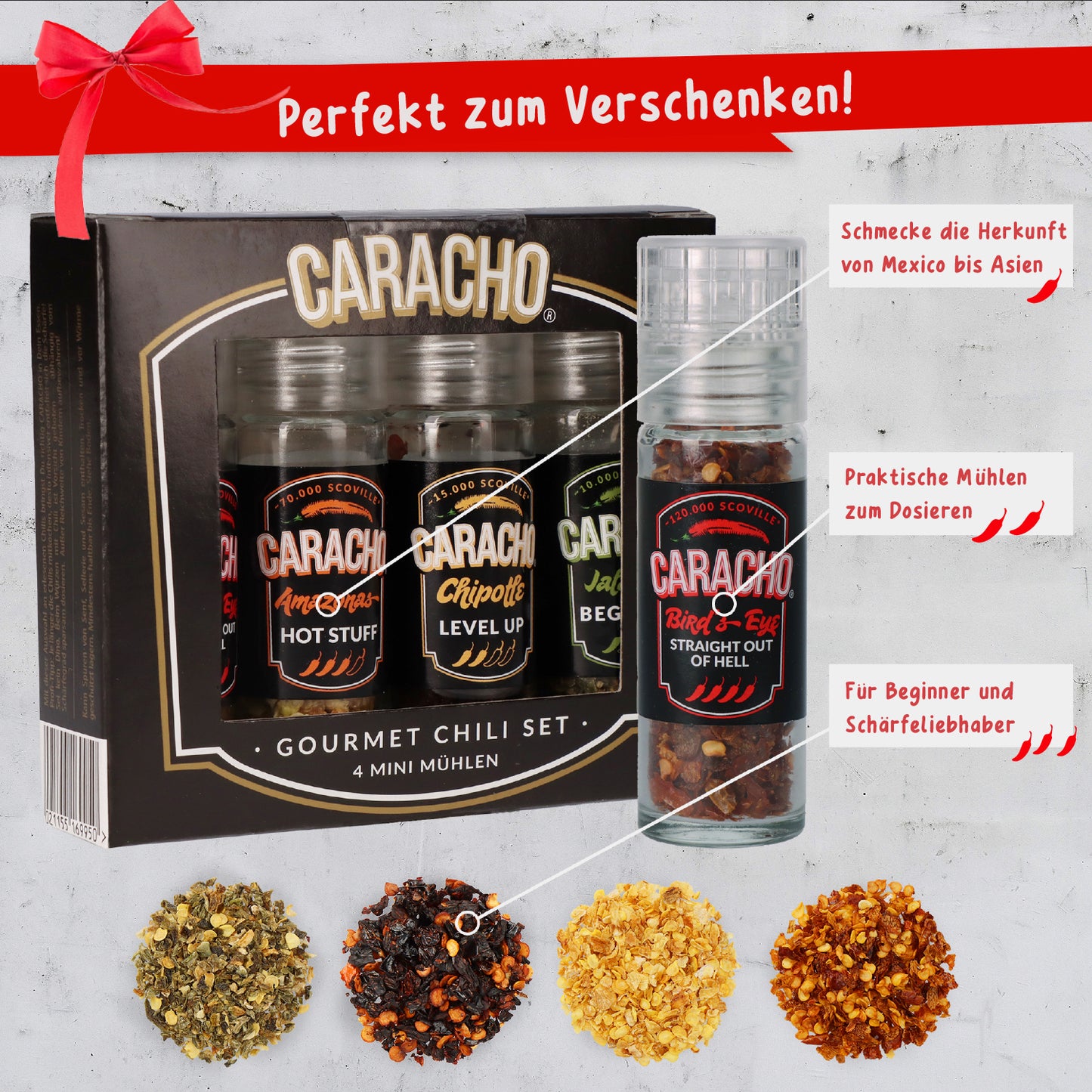 CARACHO Chili Mühlen Set, 4 Mini Mühlen im Geschenkset