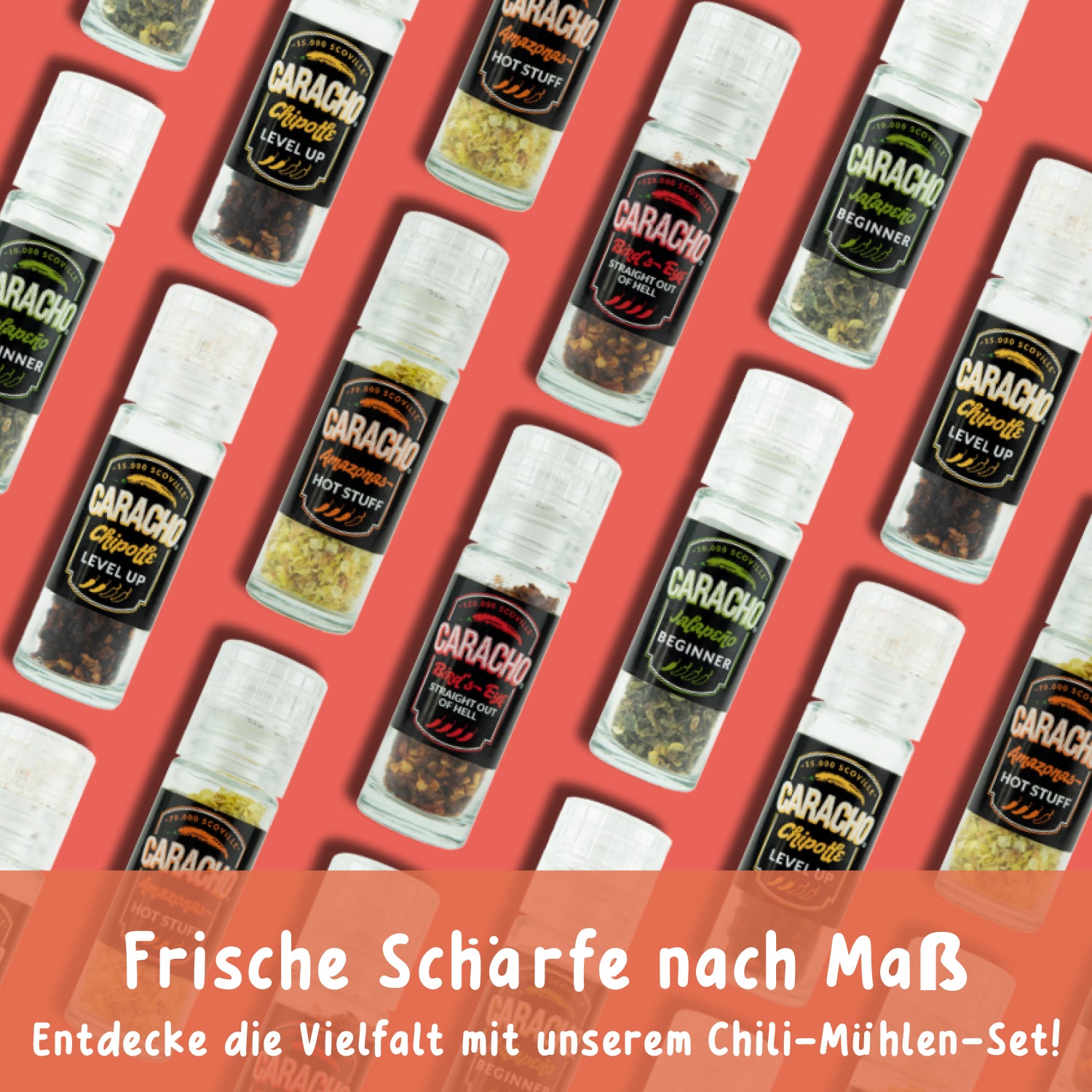 CARACHO Chili Mühlen Set, 4 Mini Mühlen im Geschenkset