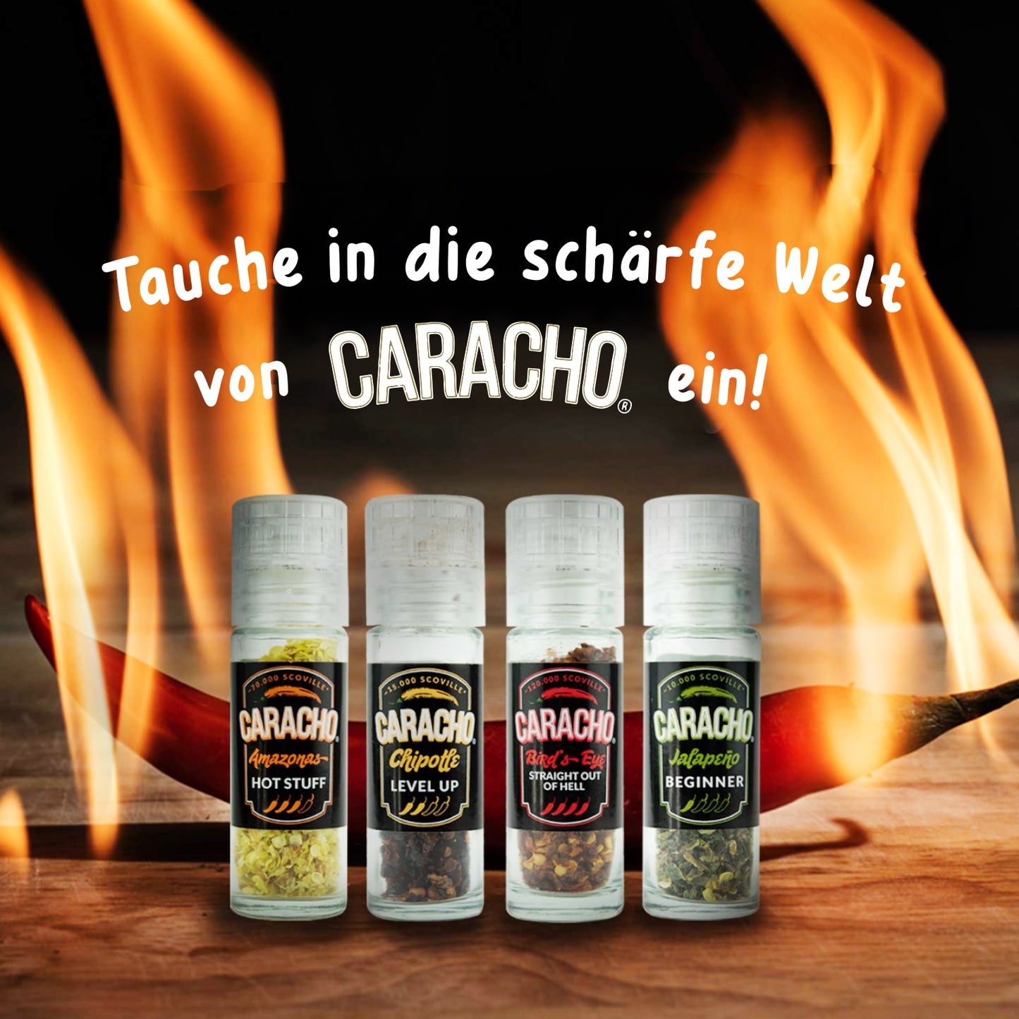 CARACHO Chili Mühlen Set, 4 Mini Mühlen im Geschenkset