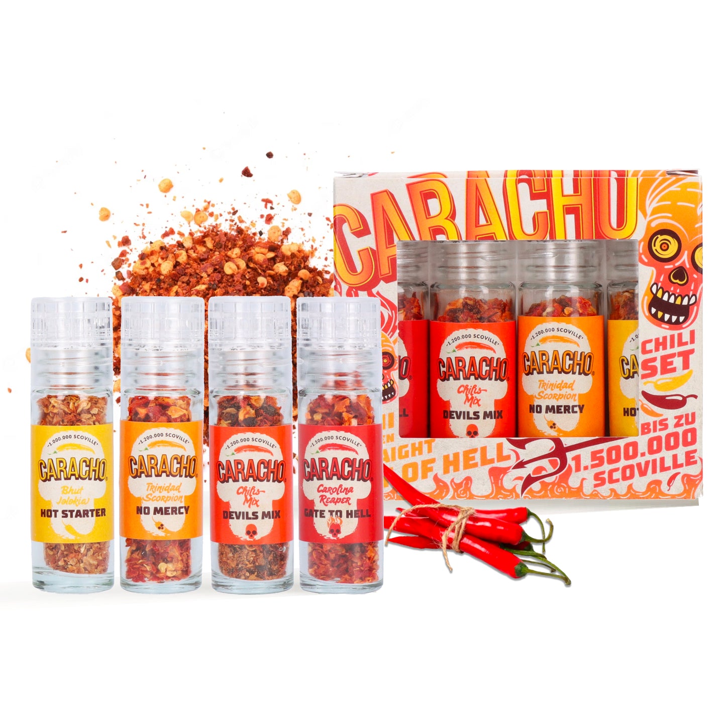 CARACHO Chili Mühlen Super Hot Set, 4 Mini Mühlen im Geschenkset
