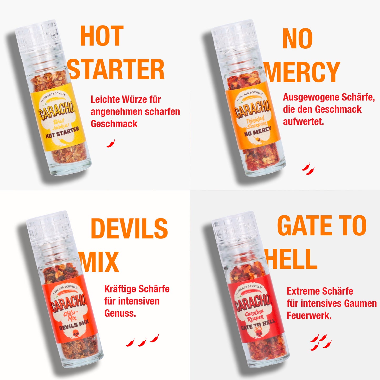 CARACHO Chili Mühlen Super Hot Set, 4 Mini Mühlen im Geschenkset