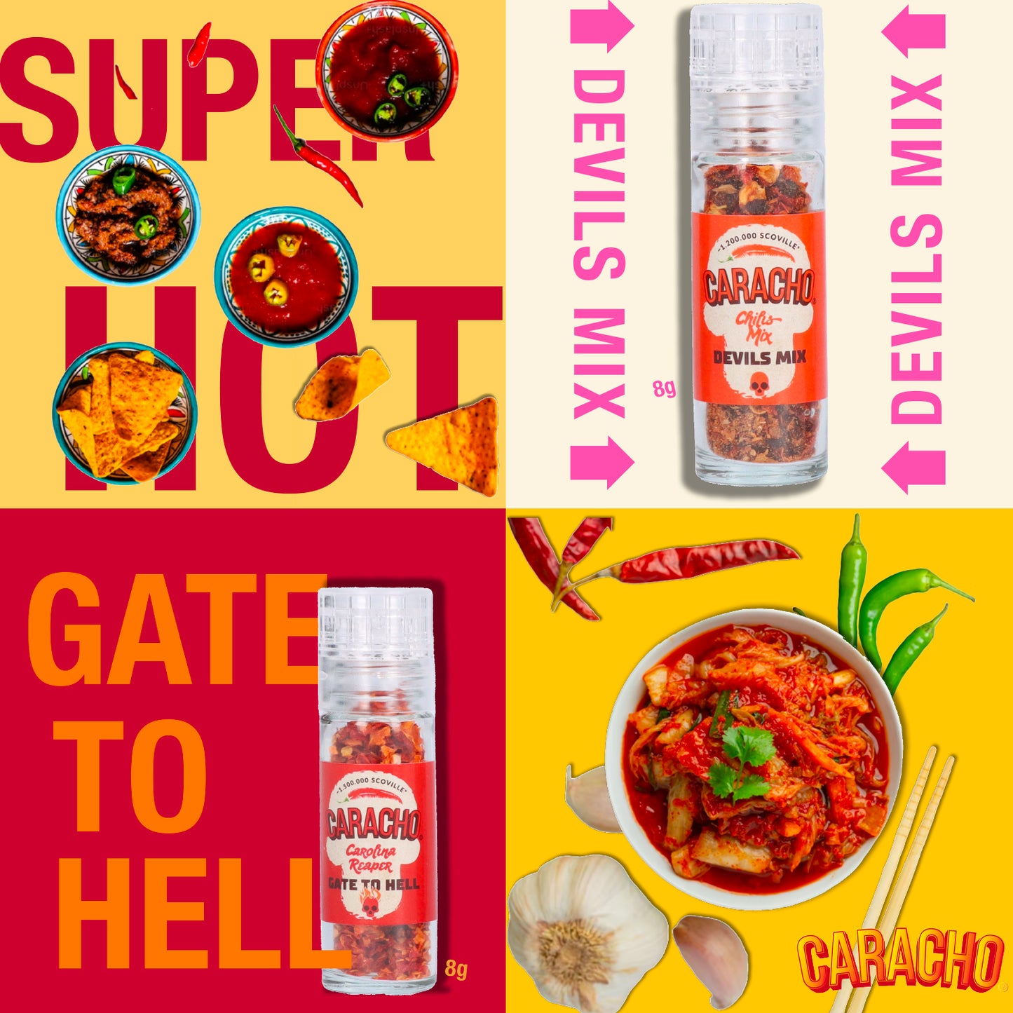 CARACHO Chili Mühlen Super Hot Set, 4 Mini Mühlen im Geschenkset