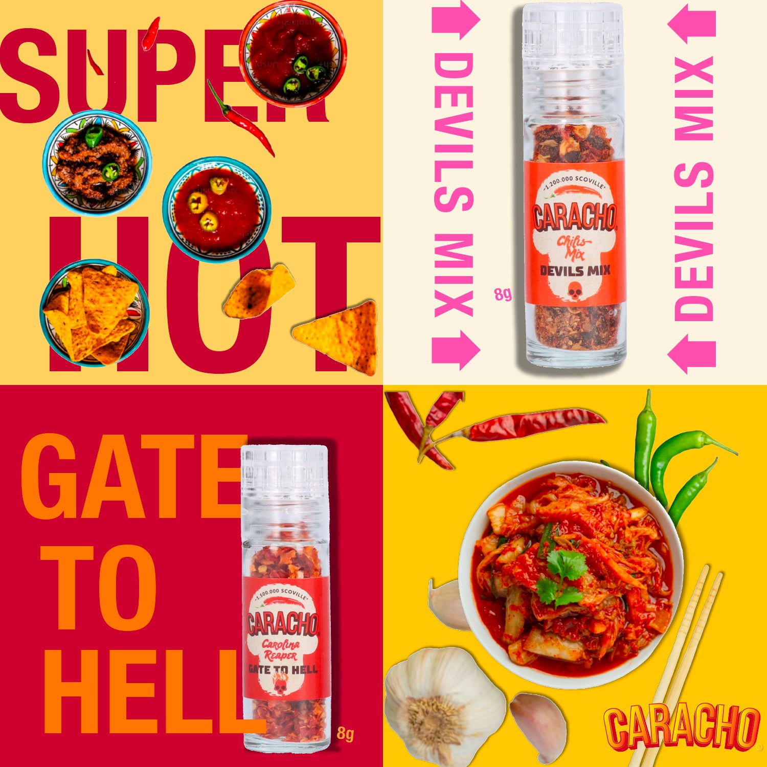 CARACHO Chili Mühlen Super Hot Set, 4 Mini Mühlen im Geschenkset